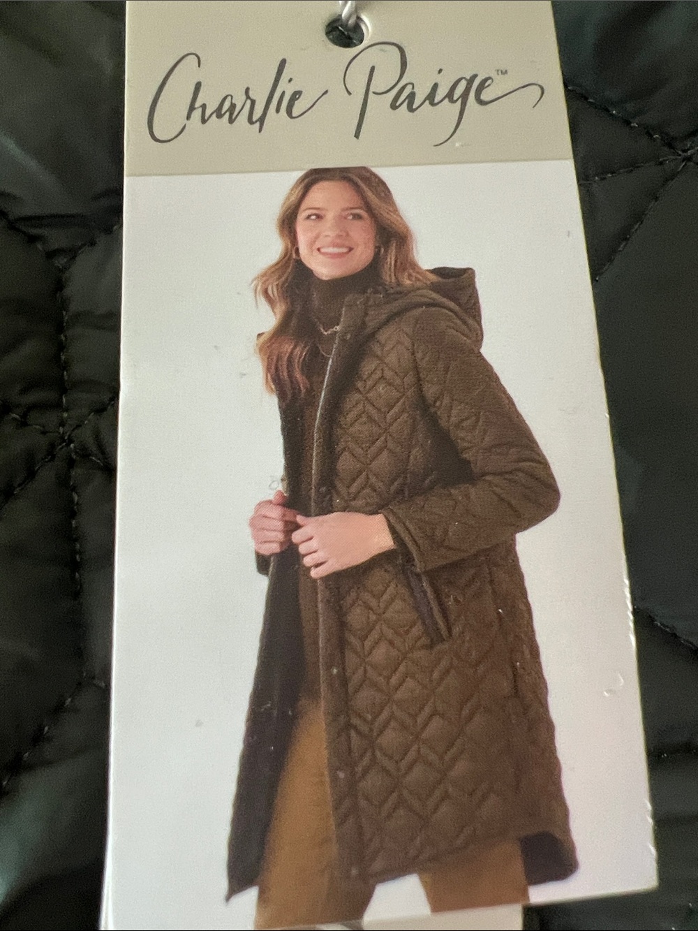 🟢NWT Charlie Paige Sage Quilted Hooded Puffer Coat Long Jacket Diamond Quilt